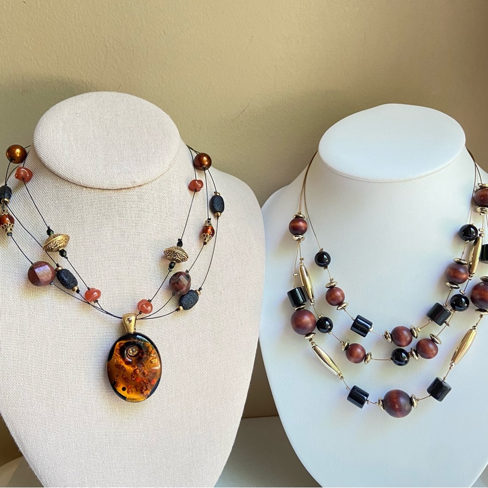 Chico’s floating necklaces in mixed media beads on multi strand wire LOT of 2